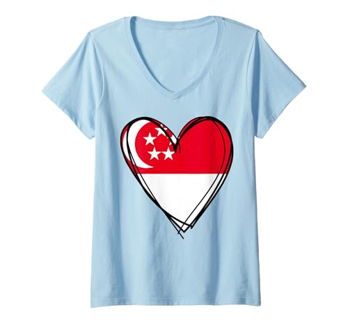 Damen Stolzer Singapur-Flagge, Herz für Jungen, Mädchen, Tante, Vater, Mutter, Singapur T-Shirt mit V-Ausschnitt Damen Stolzer Singapur-Flagge, Herz für Jungen, Mädchen, Tante, Vater, Mutter, Singapur T-Shirt mit V-Ausschnitt von Happy Singapore Independence Day Singaporean Pride