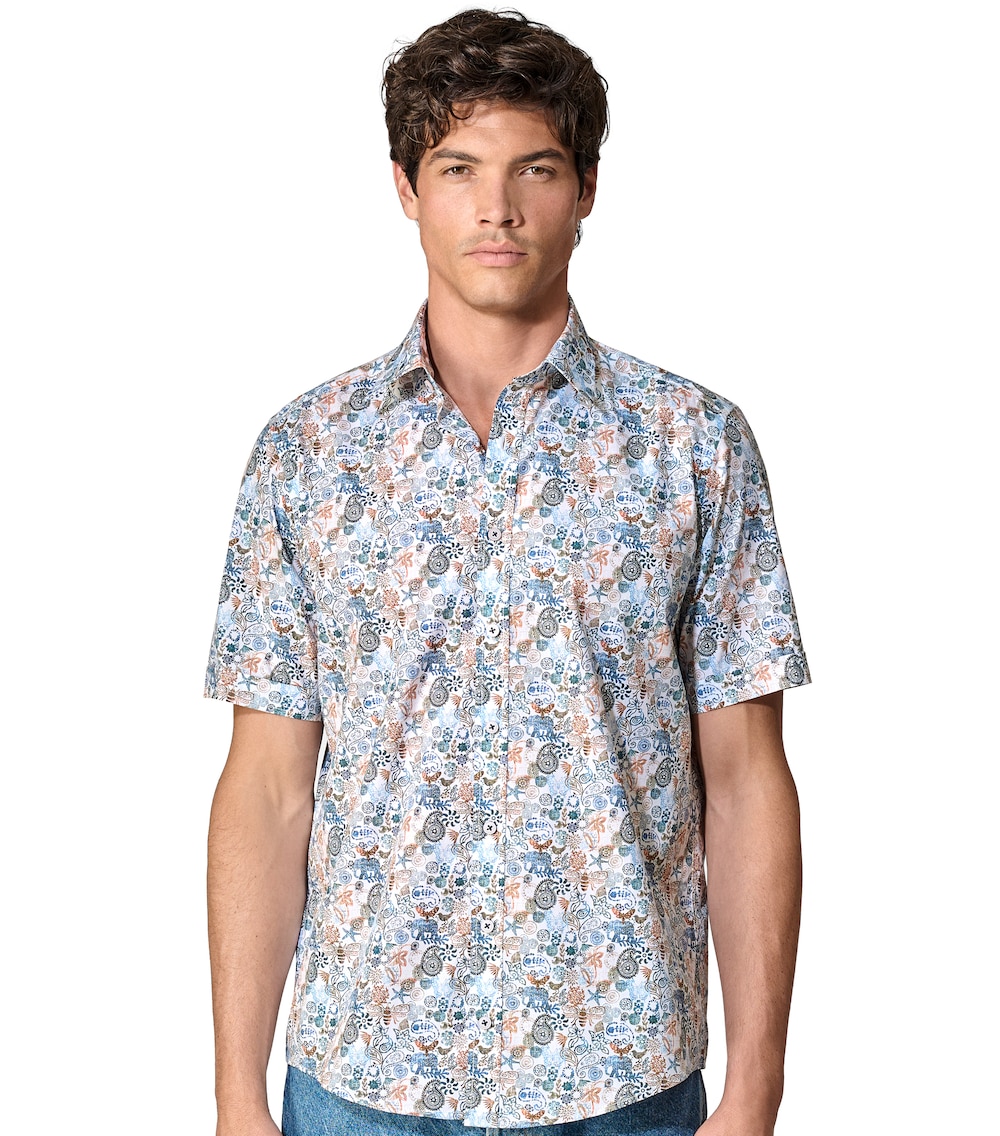 Große Größen Freizeithemd Kurzarm Print Casual Fit, Herren, blau, Größe: L, Baumwolle, Happy Size DE Men von CASAMODA