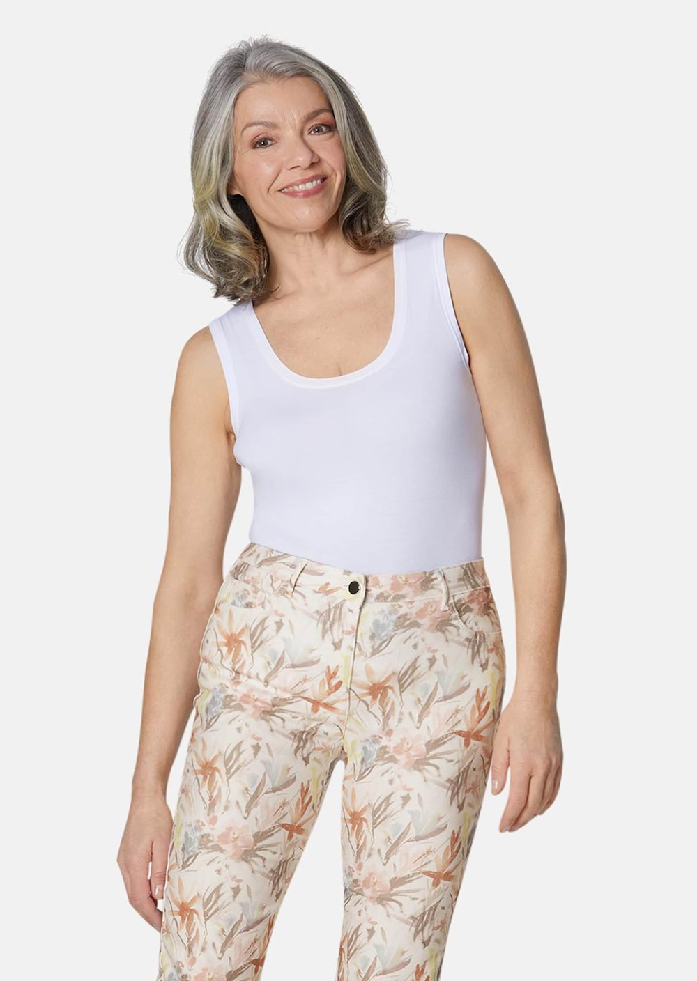Große Größen Druckhose mit ausgefallenem Blumenmuster, Damen, weiß, Größe: 46, Baumwolle/Polyester, Happy Size DE Women von GOLDNER