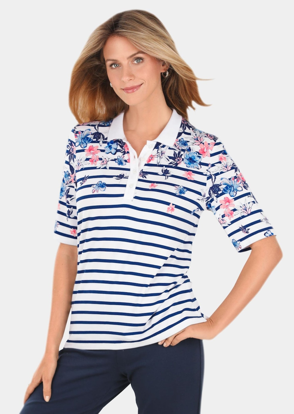 Große Größen Hautangenehmes Druck-Poloshirt, Damen, weiß, Größe: 24, Viskose, Happy Size DE Women von GOLDNER