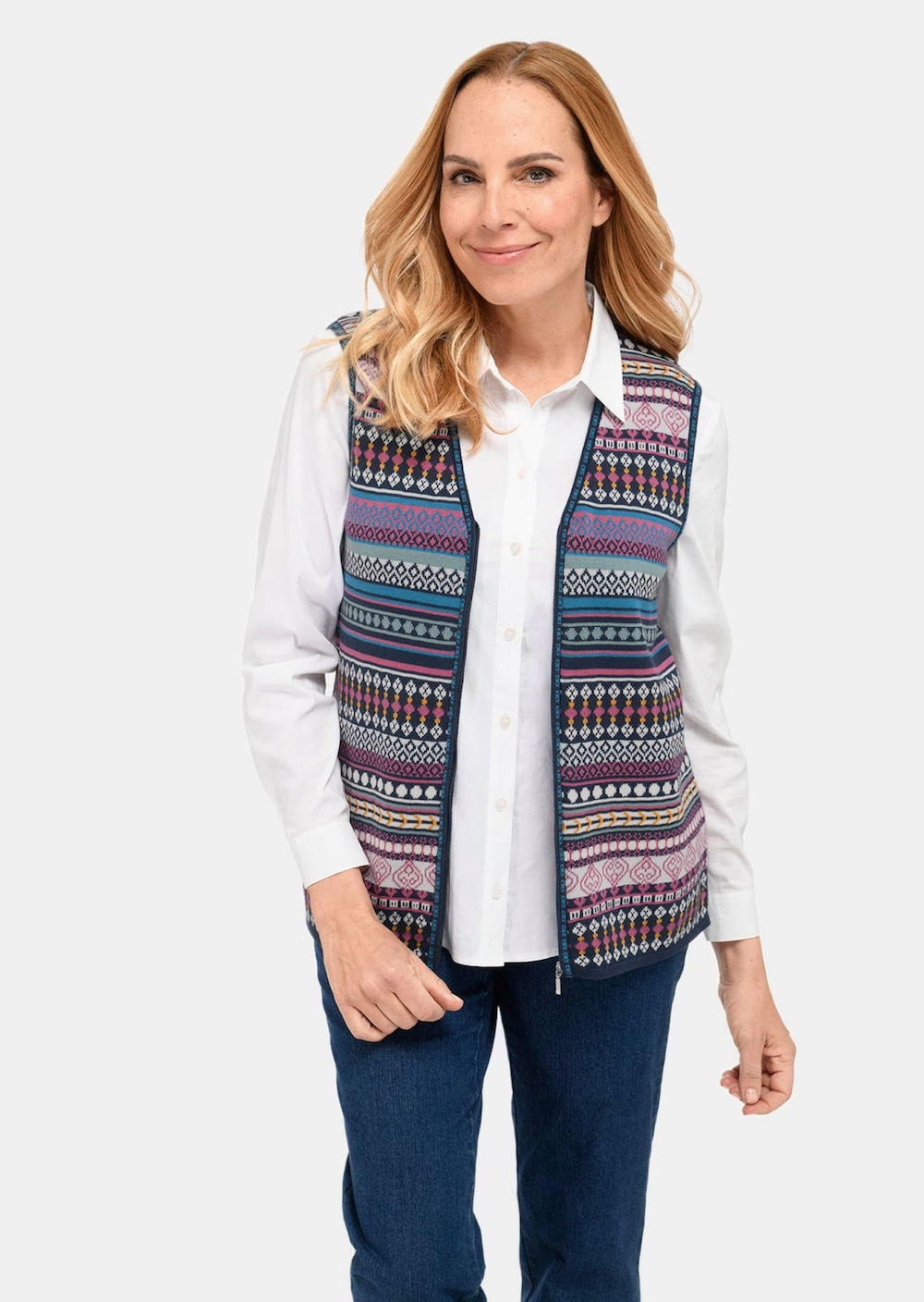 Große Größen Jacquardstrickweste mit farbenfrohem Ringelmuster, Damen, schwarz, Größe: 50, Baumwolle, Happy Size Women von GOLDNER