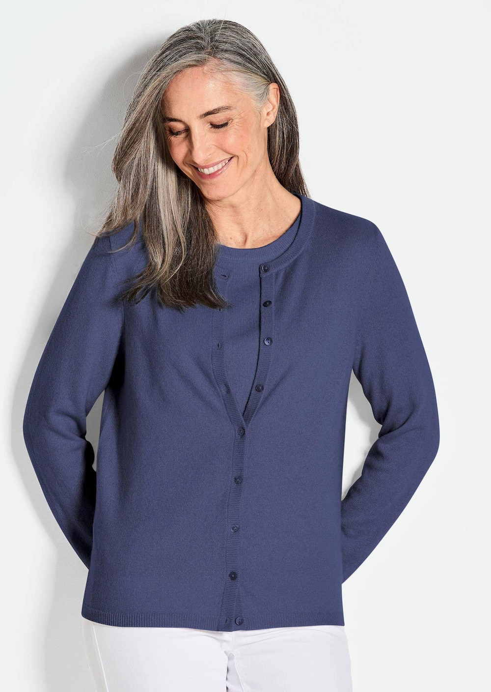 Große Größen Kaschmirstrickjacke mit Rundhalsausschnitt, Damen, grau, Größe: 46, Wolle, Happy Size Women von Happy Size Women