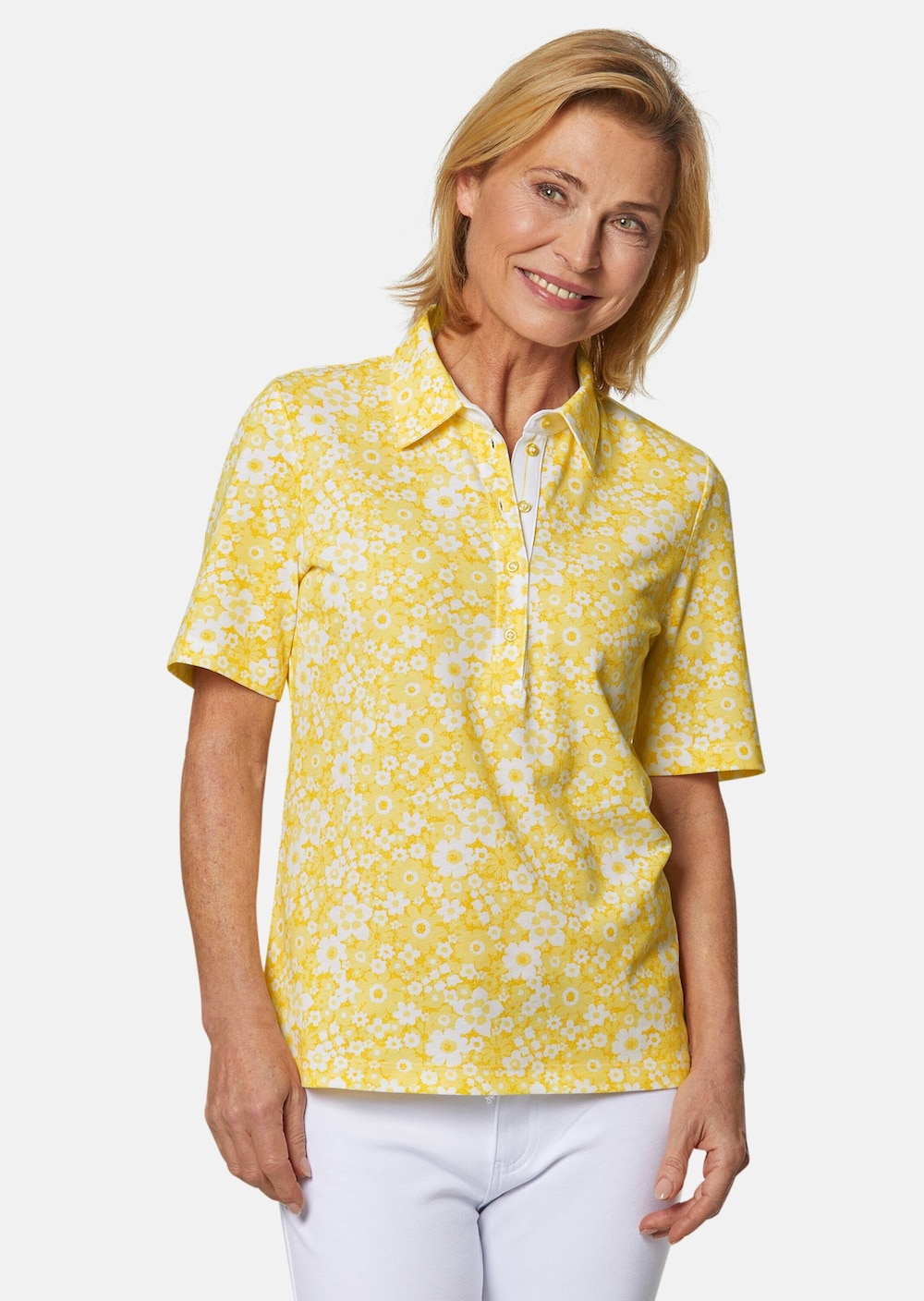 Große Größen Pikee-Druckpoloshirt, Damen, gelb, Größe: 23, Baumwolle, Happy Size Women von GOLDNER