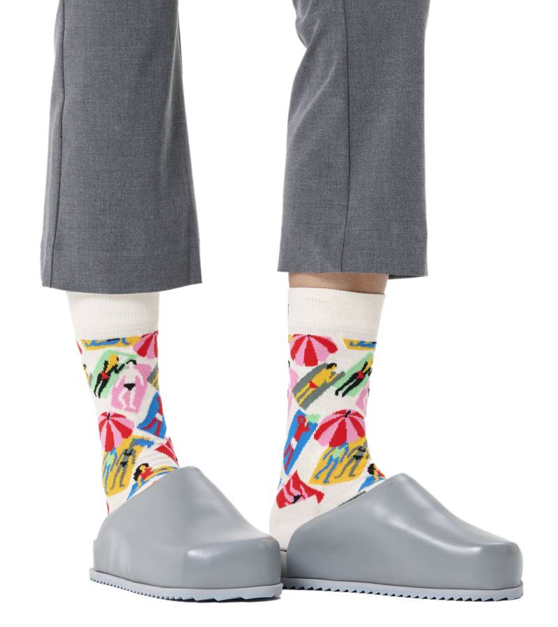 1 Paar Happy Socks Happy Lazy Day Damen Socken mit Allover Strand-Print Baumwoll-Socken Alltags-Strümpfe P002600 Weiß/Bunt von Happy Socks