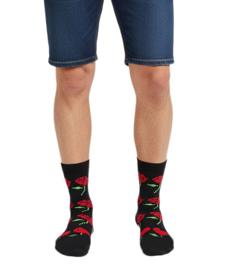 1 Paar Happy Socks Rose-Hearts Damen oder Herren Crew-Socken mit Allover Herz-Rosen-Print Socken Alltags-Strümpfe P001529 Schwarz/Bunt von Happy Socks