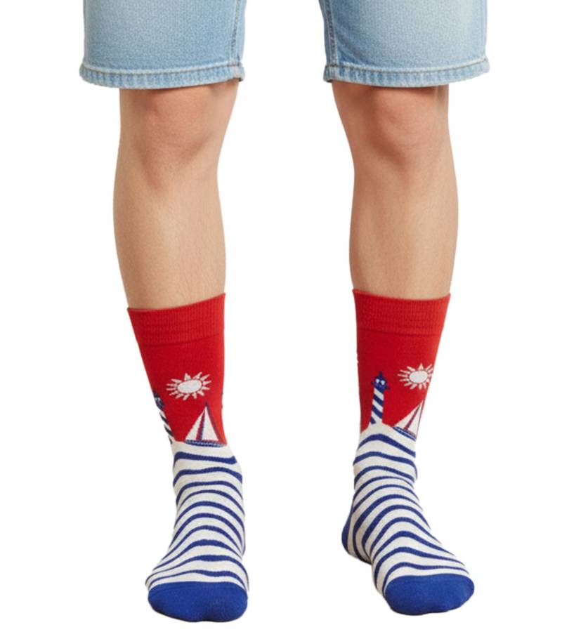 1 Paar Happy Socks Sail Away Unisex Socken Allover-Print mit See-Motiven Baumwoll-Socken Alltags-Strümpfe P002599 Rot/Blau/Weiß von Happy Socks