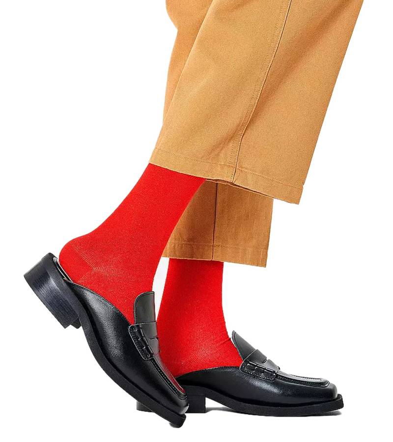 1 Paar Happy Socks Solid Unisex Crew-Socken Bio-Baumwoll-Socken mit Schriftzug- und Logo-Print Alltags-Strümpfe P001121 Rot/Blau von Happy Socks