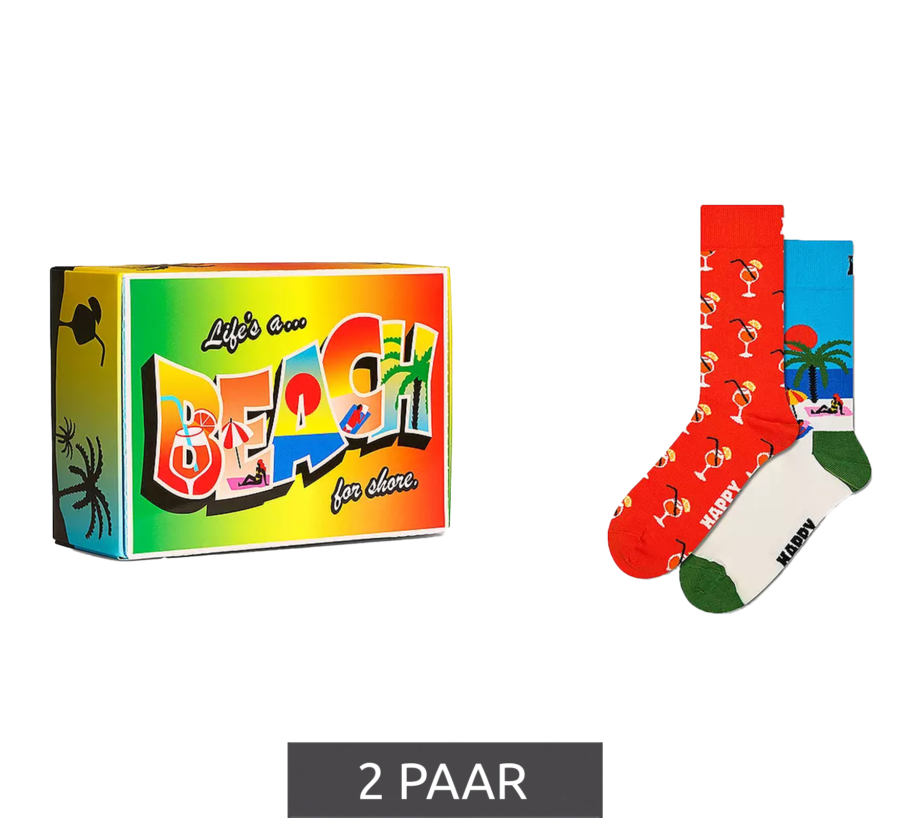 2 Paar Happy Socks Beach Life Unisex Socken in Geschenkbox mit Allover Strand und Cocktail-Print Baumwoll-Socken Alltags-Strümpfe P002651 Rot/Blau/Bunt von Happy Socks
