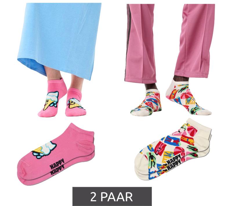 2 Paar Happy Socks Ice & Lazy Day Damen Sneaker-Socken mit Allover Eiscreme und Strand-Print Low-Cut Socken Alltags-Strümpfe P002633 Weiß/Rosa/Bunt von Happy Socks
