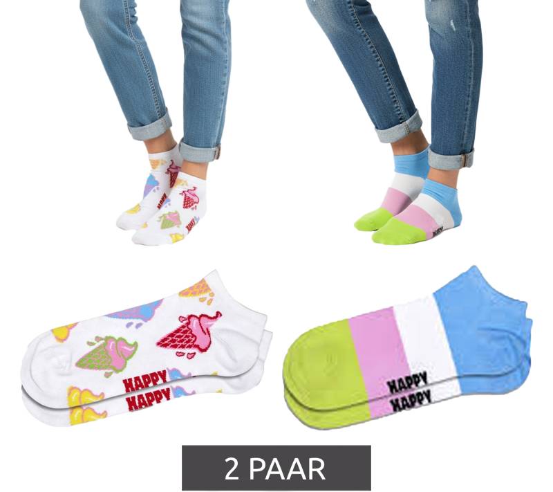 2 Paar Happy Socks Ice & Stripe Damen Sneaker-Socken mit Allover Eiscreme-Print und Streifen-Muster Low-Cut Socken Alltags-Strümpfe P000969 Weiß/Bunt von Happy Socks