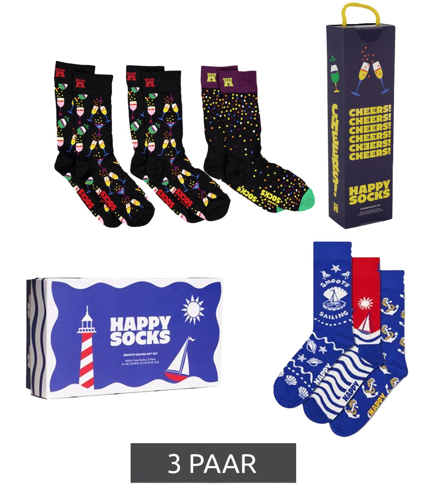 3 Paar Happy Socks Baumwoll-Socken in Geschenk-Box Strümpfe "Celebrations Edition" mit Sektgläsern Cocktails und Konfetti-Punkten-Print Schwarz/Bunt oder "Smooth Sailing" im See-Design Blau//Rot/Weiß von Happy Socks