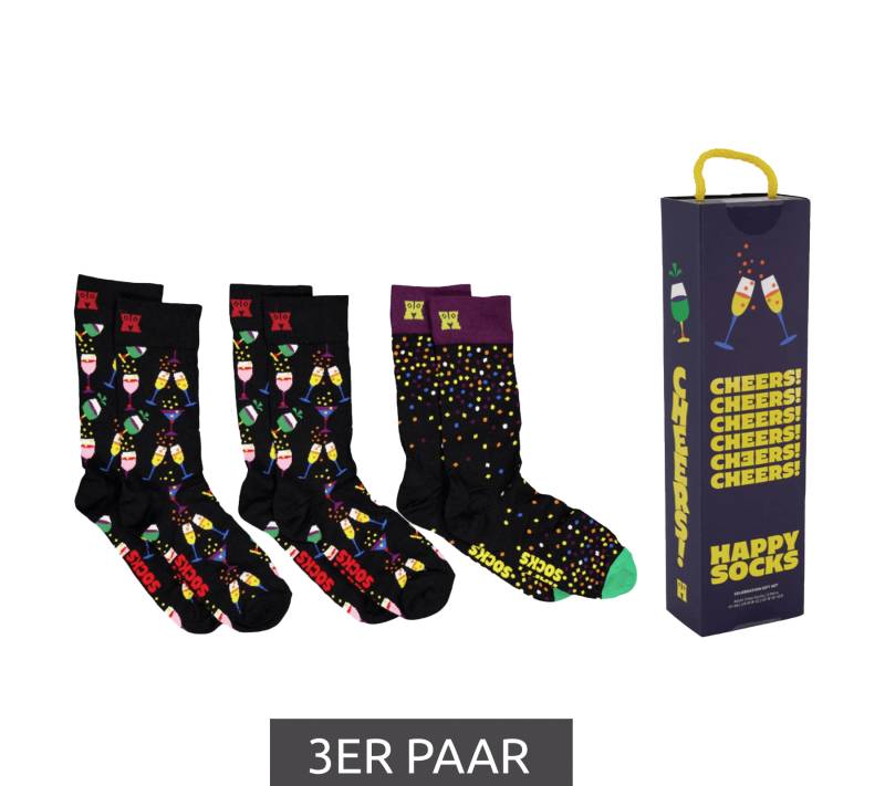 3 Paar Happy Socks Celebrations Edition Baumwoll-Socken mit Sektgläsern Cocktails und Konfetti-Punkten-Print Sparpack in Geschenk-Box P001723 Schwarz/Bunt von Happy Socks