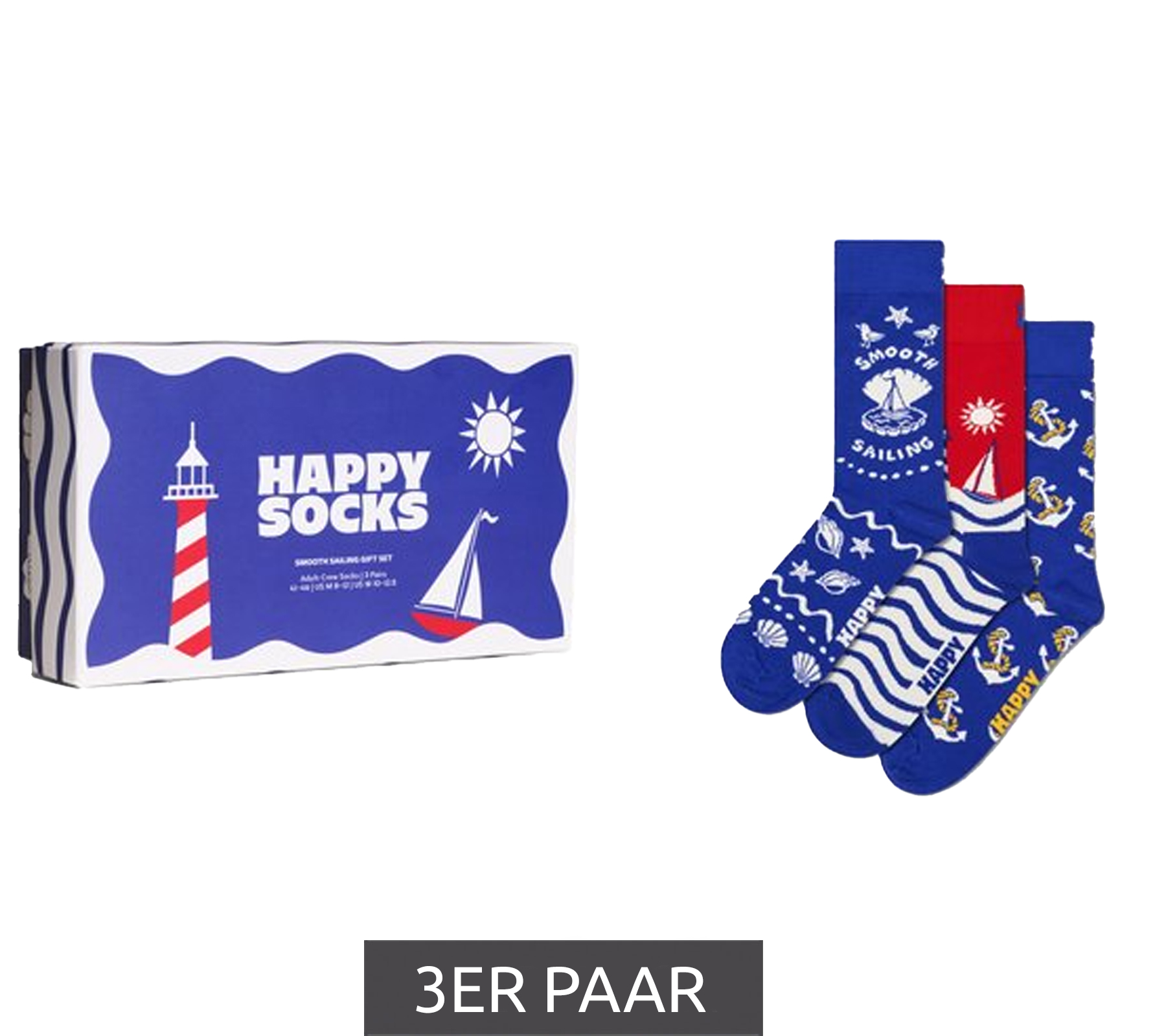 3 Paar Happy Socks Smooth Sailing Baumwoll-Socken Sparpack im See-Design Alltags-Strümpfe in Geschenk-Box P002656 Blau//Rot/Weiß von Happy Socks