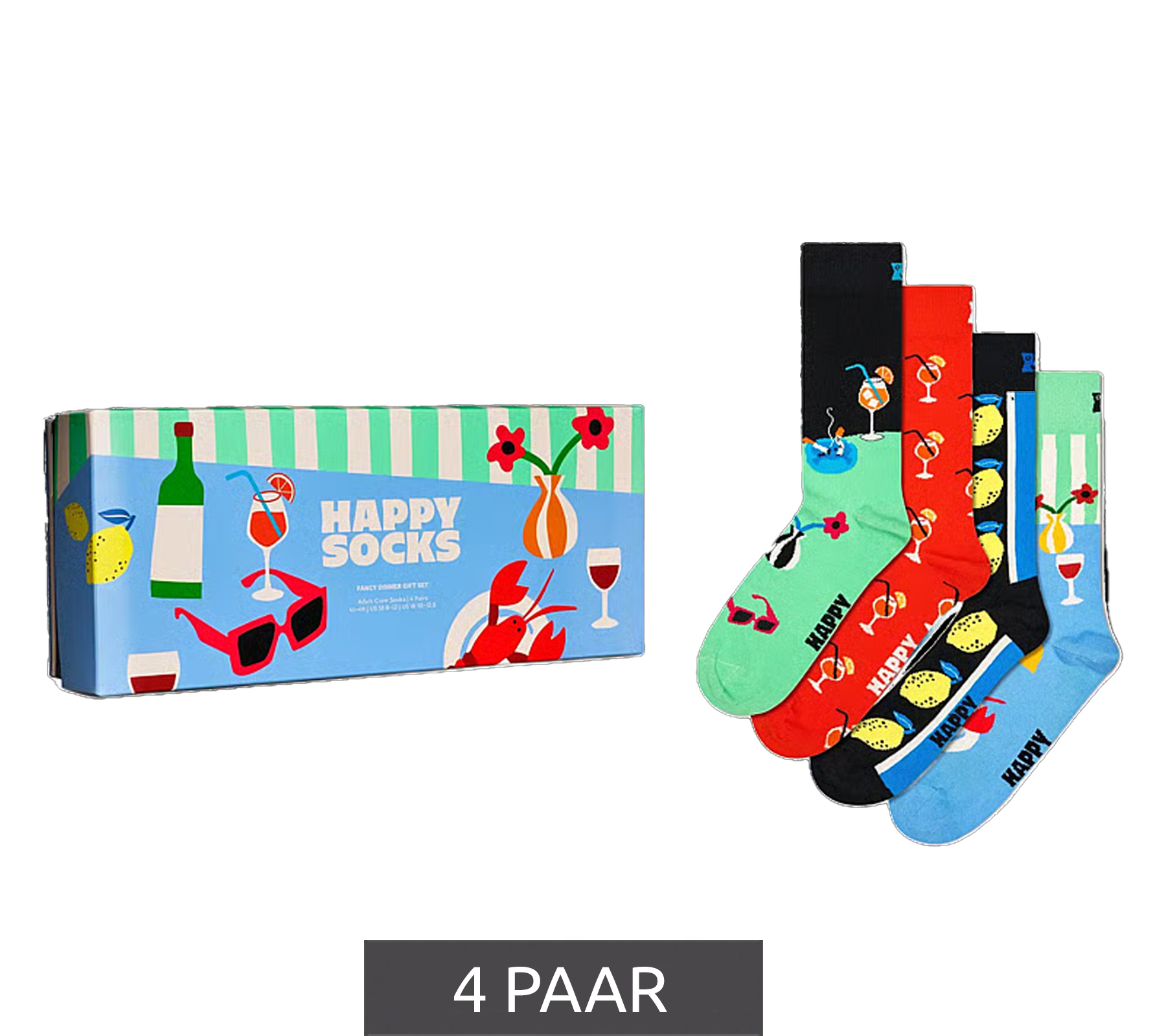 4 Paar Happy Socks Fancy Dinner Baumwoll-Socken mit Essens- und Getränkemotiven Alltags-Strümpfe in Geschenk-Box P002659 Bunt von Happy Socks