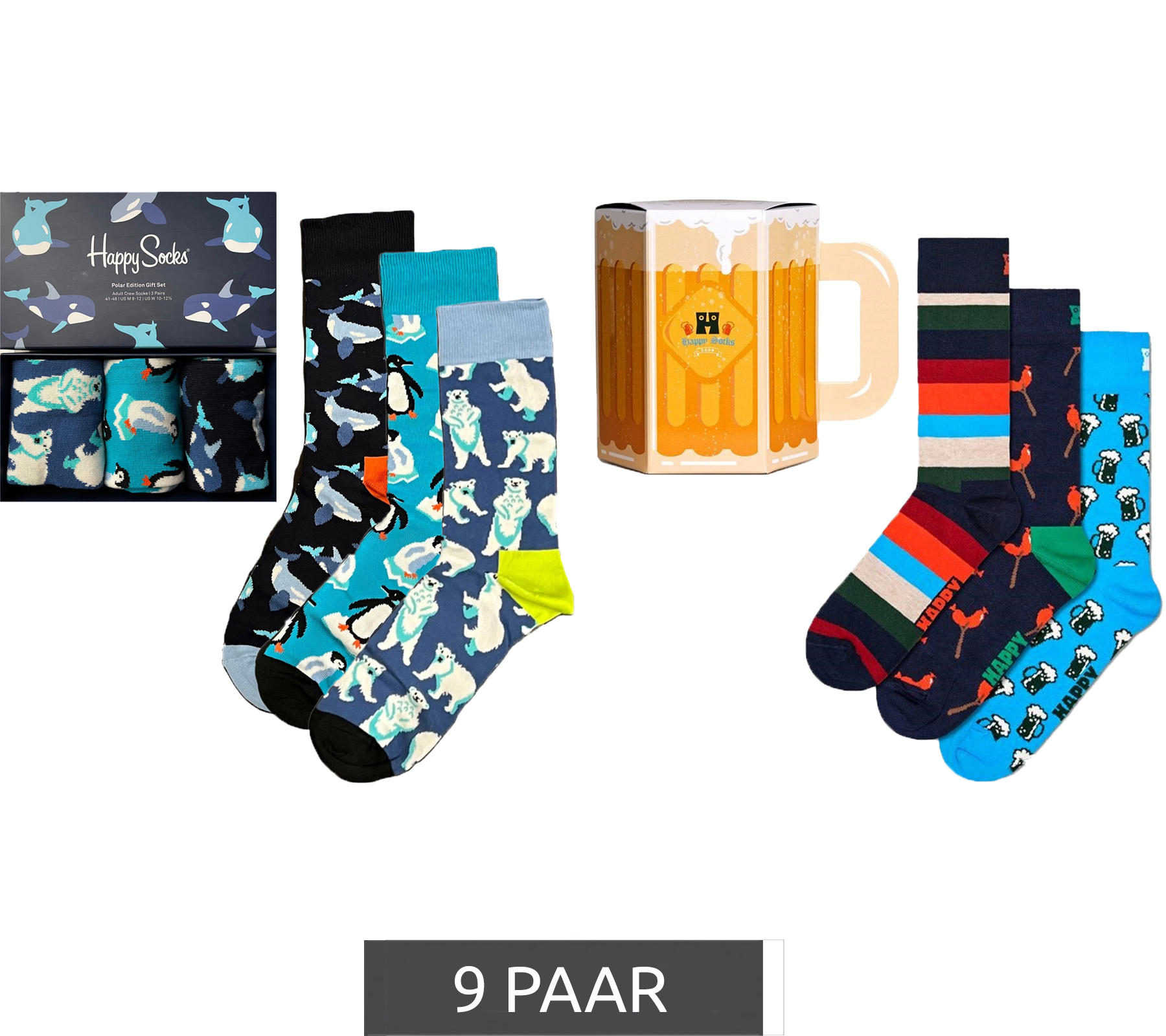 9 Paar Happy Socks Baumwoll-Socken in Geschenk-Box "Polar Edition" mit Eisbären, Pinguine und Wale-Muster in Blau/Navy/Schwarz oder "Wurst & Bier" mit Wurst, Bier und Streifen-Muster in Blau/Navy/Rot von Happy Socks