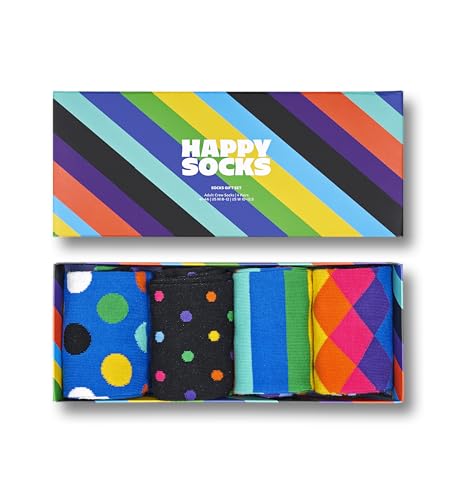 Happy Socks 4-Pack Amazon Stripe Box, farbenfrohe und fröhliche Socken für Männer und Frauen, Schwarz-Weiß-Blau-Grün-Rosa-Orange-Gelb-Lila Größe 41-46 von Happy Socks