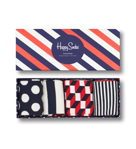 Happy Socks 4-Pack Stripe Box, farbenfrohe und fröhliche, Socken für Männer und Frauen, Blau-Rot-Weiß (36-40) von Happy Socks
