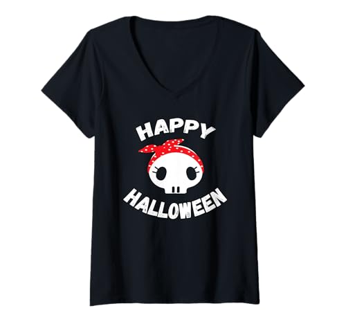 Damen Fröhlicher Halloween-niedlicher Skelett Kawaii mit Bandana T-Shirt mit V-Ausschnitt Damen Fröhlicher Halloween-niedlicher Skelett Kawaii mit Bandana T-Shirt mit V-Ausschnitt von Happy Spooky Halloween Cute Skull Kawaii Funny