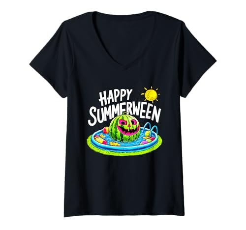 Damen Happy Summerween Summer Wassermelone Jack-O-Laterne Halloween T-Shirt mit V-Ausschnitt von Happy Summerween Watermelon Tees