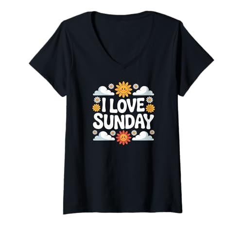 Damen I Love Sunday Sonnenblumen-Wolkenkunst T-Shirt mit V-Ausschnitt Damen I Love Sunday Sonnenblumen-Wolkenkunst T-Shirt mit V-Ausschnitt von Happy Sunday Sunflower Clouds