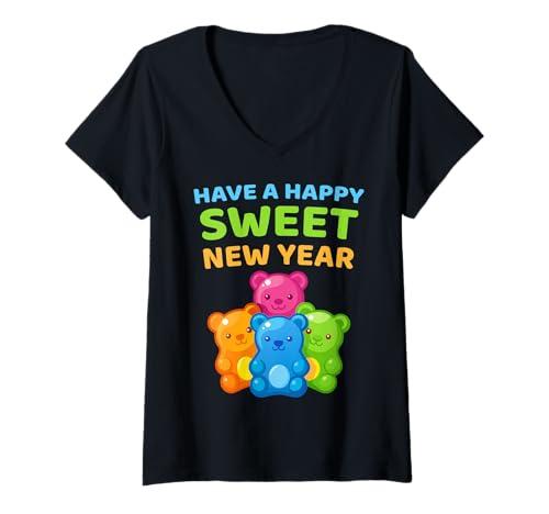 Damen Hab EIN frohes süßes neues Jahr Honey Cute Bears Holiday T-Shirt mit V-Ausschnitt von Happy Sweet New Year Honey Bear Apparel