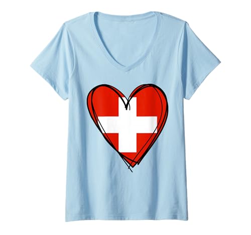 Damen Stolzes Schweizer Flaggenherz für Jungen, Mädchen, Schwester, Tante, Vater, Mama, Schweiz T-Shirt mit V-Ausschnitt Damen Stolzes Schweizer Flaggenherz für Jungen, Mädchen, Schwester, Tante, Vater, Mama, Schweiz T-Shirt mit V-Ausschnitt von Happy Swiss National Day Proud To Be Swiss Apparel