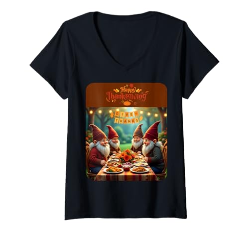 Damen Happy Thanksgiving Zwerge Feast Fun Vibes T-Shirt mit V-Ausschnitt von Happy Thanksgiving Gnomes Fun