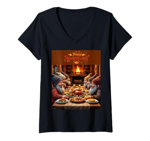 Damen Happy Thanksgiving Zwerge Feast Fun Vibes T-Shirt mit V-Ausschnitt Damen Happy Thanksgiving Zwerge Feast Fun Vibes T-Shirt mit V-Ausschnitt von Happy Thanksgiving Gnomes Fun