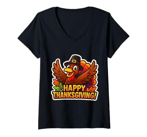 Damen Happy Thanksgiving Türkei Pilgerhut Lustiges Familienessen T-Shirt mit V-Ausschnitt von Happy Thanksgiving Turkey Pilgrim Hat Products