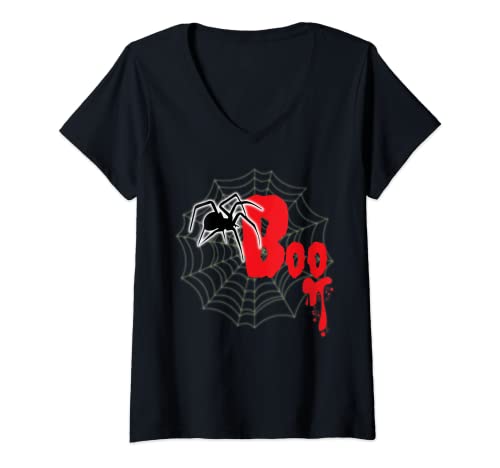 Damen Boo, gruseliges Halloween, blutig, schwarze Spinne, Spinnennetz T-Shirt mit V-Ausschnitt Damen Boo, gruseliges Halloween, blutig, schwarze Spinne, Spinnennetz T-Shirt mit V-Ausschnitt von Happy To Have