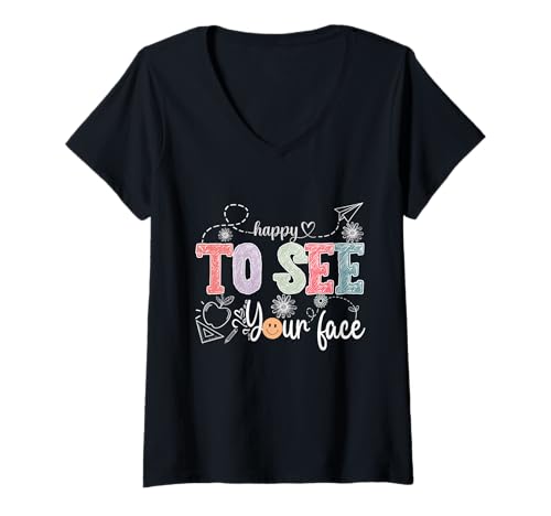 Damen Freut mich, dein Gesicht wieder in die Schule zu sehen, Lehrer, Männer, Frauen, Kinder T-Shirt mit V-Ausschnitt Damen Freut mich, dein Gesicht wieder in die Schule zu sehen, Lehrer, Männer, Frauen, Kinder T-Shirt mit V-Ausschnitt von Happy To See Your Face Back to School Teacher