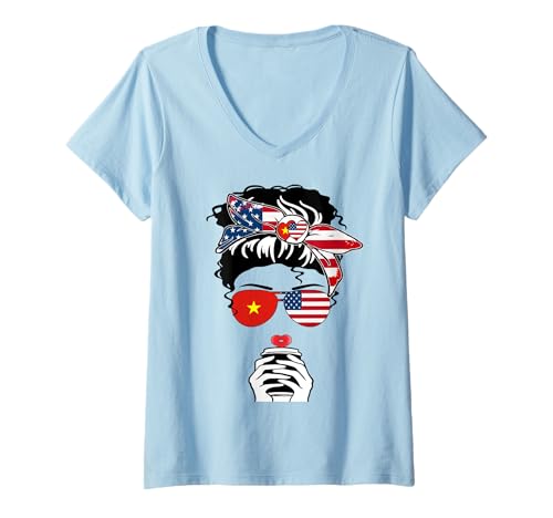 Damen Vietnamesische Amerikanische Kaffee Mama Mädchen Schwester Tante Vietnam US-Flagge T-Shirt mit V-Ausschnitt Damen Vietnamesische Amerikanische Kaffee Mama Mädchen Schwester Tante Vietnam US-Flagge T-Shirt mit V-Ausschnitt von Happy Vietnam America Day Vietnamese American Tee
