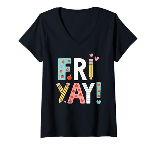Damen Friyay T-Shirt Lustiges farbenfrohes Freitagsfest T-Shirt mit V-Ausschnitt Damen Friyay T-Shirt Lustiges farbenfrohes Freitagsfest T-Shirt mit V-Ausschnitt von Happy Weekend Apparel Co.