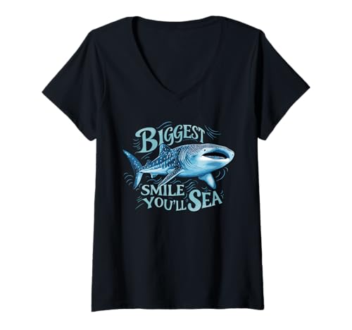 Damen Lustiges Whale Shark Biggest Smile Wortspiel T-Shirt mit V-Ausschnitt Damen Lustiges Whale Shark Biggest Smile Wortspiel T-Shirt mit V-Ausschnitt von Happy Whale Shark Lover Designs