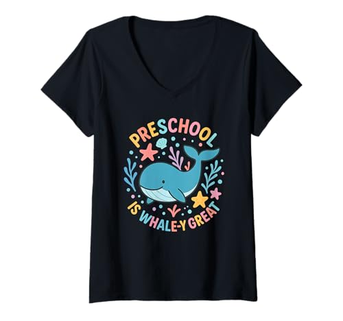 Damen Preschool is Whaley Great Cute Whale Ocean Wordplay Wortspiel T-Shirt mit V-Ausschnitt Damen Preschool is Whaley Great Cute Whale Ocean Wordplay Wortspiel T-Shirt mit V-Ausschnitt von Happy Whale Tees