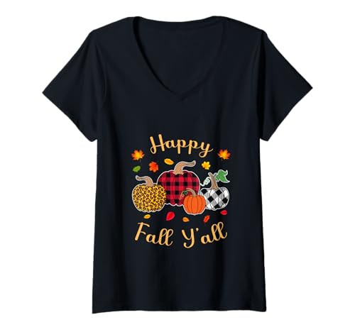 Damen Herbst Kürbis Frauen Happy Fall Y'all Buffalo Plaid Leopard T-Shirt mit V-Ausschnitt Damen Herbst Kürbis Frauen Happy Fall Y'all Buffalo Plaid Leopard T-Shirt mit V-Ausschnitt von Happy fall y'all autumn Vibes pumpkin women tees