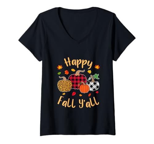 Damen Herbst Kürbis Frauen Happy Fall Y'all Buffalo Plaid Leopard T-Shirt mit V-Ausschnitt Damen Herbst Kürbis Frauen Happy Fall Y'all Buffalo Plaid Leopard T-Shirt mit V-Ausschnitt von Happy fall y'all autumn Vibes pumpkin women tees
