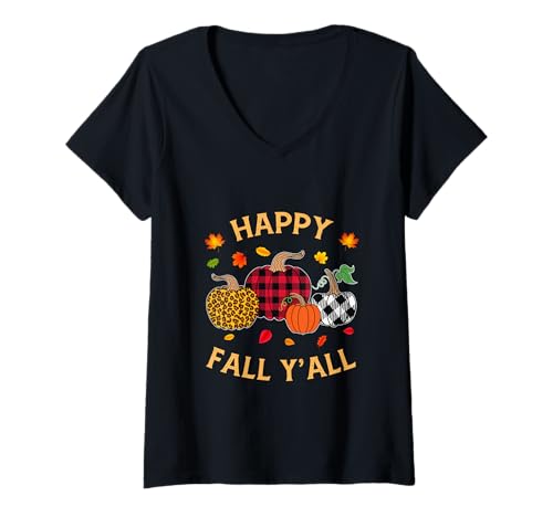 Damen Herbst Kürbis Frauen Happy Fall Y'all Buffalo Plaid Leopard T-Shirt mit V-Ausschnitt Damen Herbst Kürbis Frauen Happy Fall Y'all Buffalo Plaid Leopard T-Shirt mit V-Ausschnitt von Happy fall y'all autumn Vibes pumpkin women tees