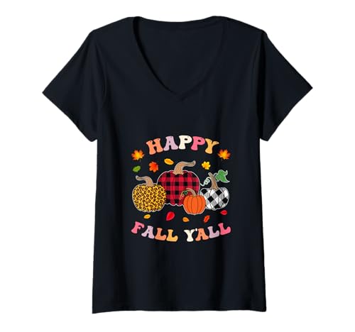Damen Herbst Season Pumpkin Happy Fall Y'all Plaid Leopard Print T-Shirt mit V-Ausschnitt Damen Herbst Season Pumpkin Happy Fall Y'all Plaid Leopard Print T-Shirt mit V-Ausschnitt von Happy fall y'all autumn Vibes pumpkin women tees