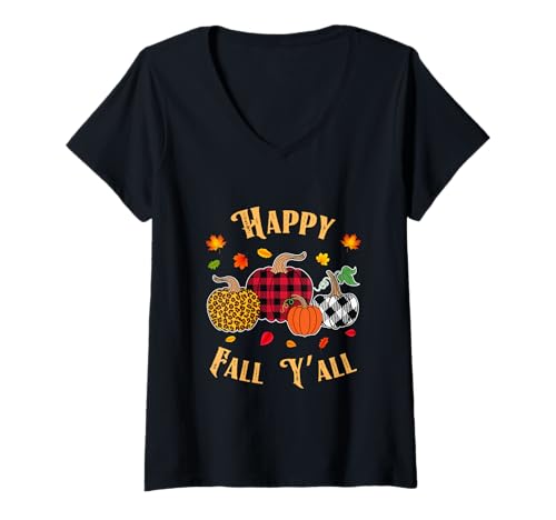 Damen Herbst Season Pumpkin Happy Fall Y'all Plaid Leopard Print T-Shirt mit V-Ausschnitt Damen Herbst Season Pumpkin Happy Fall Y'all Plaid Leopard Print T-Shirt mit V-Ausschnitt von Happy fall y'all autumn Vibes pumpkin women tees