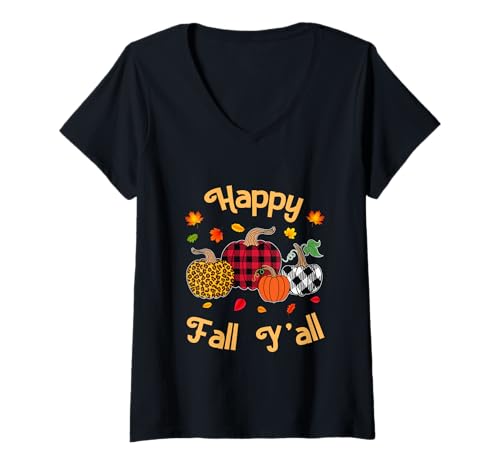 Damen Herbst Season Pumpkin Happy Fall Y'all Plaid Leopard Print T-Shirt mit V-Ausschnitt Damen Herbst Season Pumpkin Happy Fall Y'all Plaid Leopard Print T-Shirt mit V-Ausschnitt von Happy fall y'all autumn Vibes pumpkin women tees