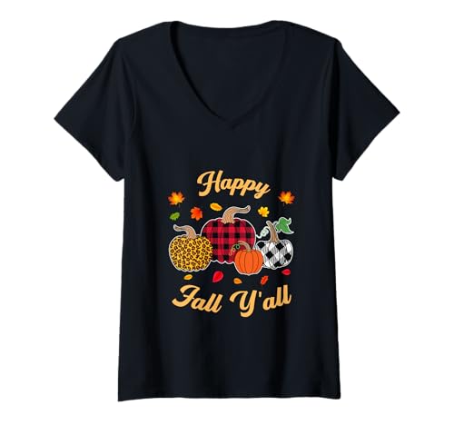 Damen Herbst Season Pumpkin Happy Fall Y'all Plaid Leopard Print T-Shirt mit V-Ausschnitt Damen Herbst Season Pumpkin Happy Fall Y'all Plaid Leopard Print T-Shirt mit V-Ausschnitt von Happy fall y'all autumn Vibes pumpkin women tees