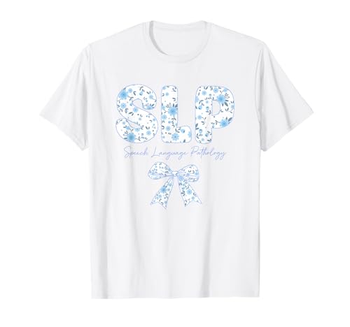 Frauen Sprechsprache Pathologie SLP Kokette Blau Blume Bogen T-Shirt Frauen Sprechsprache Pathologie SLP Kokette Blau Blume Bogen T-Shirt von Happy first day of school back to school Tee