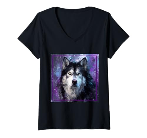 Damen Alaskan Malamute Dogs - Alaskan Malamute Space T-Shirt mit V-Ausschnitt Damen Alaskan Malamute Dogs - Alaskan Malamute Space T-Shirt mit V-Ausschnitt von Happy