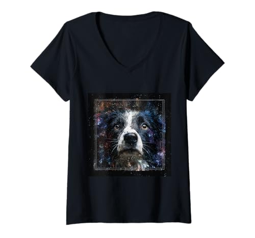 Damen Border Collie Space T-Shirt mit V-Ausschnitt Damen Border Collie Space T-Shirt mit V-Ausschnitt von Happy