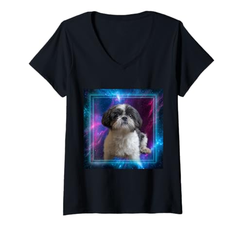 Damen Shih Tzu Space T-Shirt mit V-Ausschnitt Damen Shih Tzu Space T-Shirt mit V-Ausschnitt von Happy