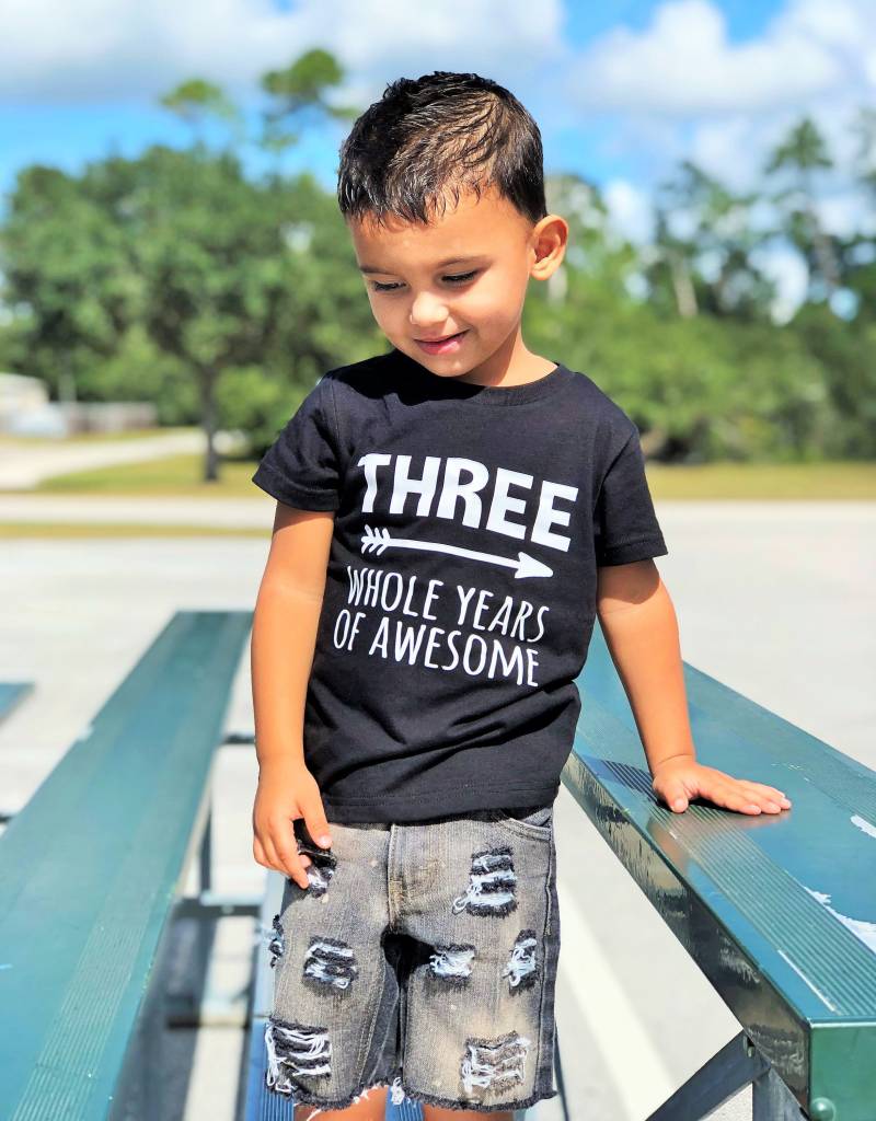 Drei Ganze Jahre Fantastisch - 3. Geburtstag Shirt Name Auf Der Rückseite Drei Alt Kleinkind Geburtstagsshirt Junge Super von HappyBrooke