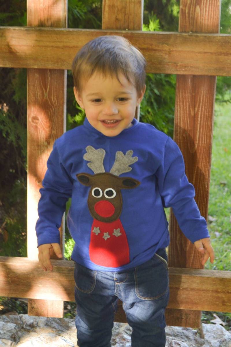 Reinder Sweatshirt Rundolf Weihnachten Rot Blau Applikation Shirt Junge von HappyButtonStore