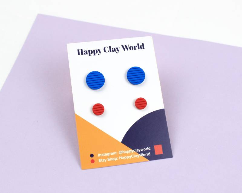 Polymer Clay Ohrringe, Blaue-Rote Ohrstecker Aus Ton, Fimo Ohrringe Mit Edelstahl Stecker von HappyClayWorld