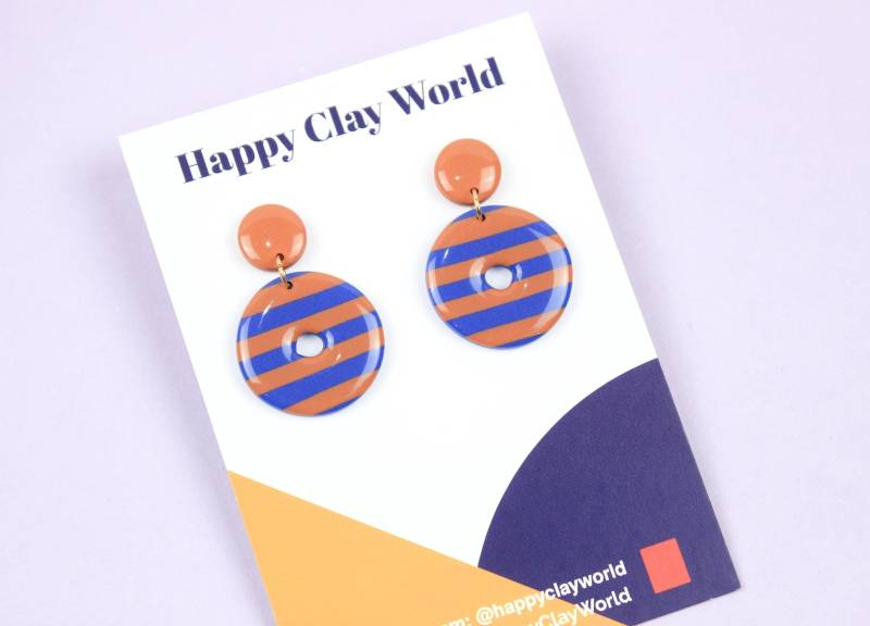 Polymer Clay Ohrringe, Handgemachte Fimo Hängeohrringe Mit Muster, Blau-Braun Ohrringe Edelstahl Stecker von HappyClayWorld